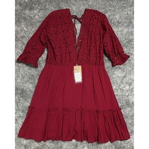 Jeykay Deep V Eyelet Dress Women's XXL Pink Mini Half Sleeve BOHO